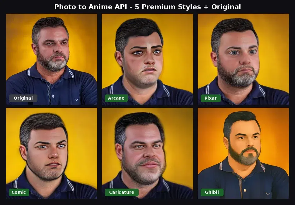 Photo to Anime API five premium styles: Arcane, Pixar, Comic, Caricature, and Ghibli applied to the same portrait