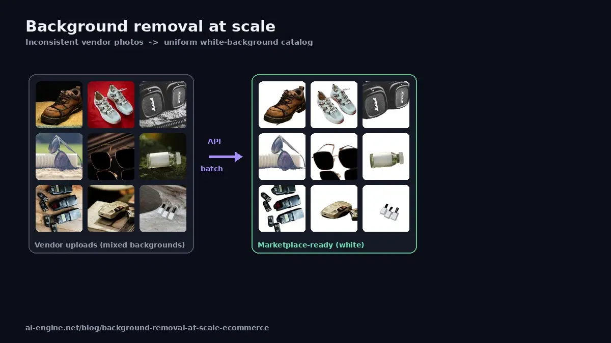 A grid of product photos on mixed backgrounds converted by the API into a uniform white-background catalog ready for marketplaces