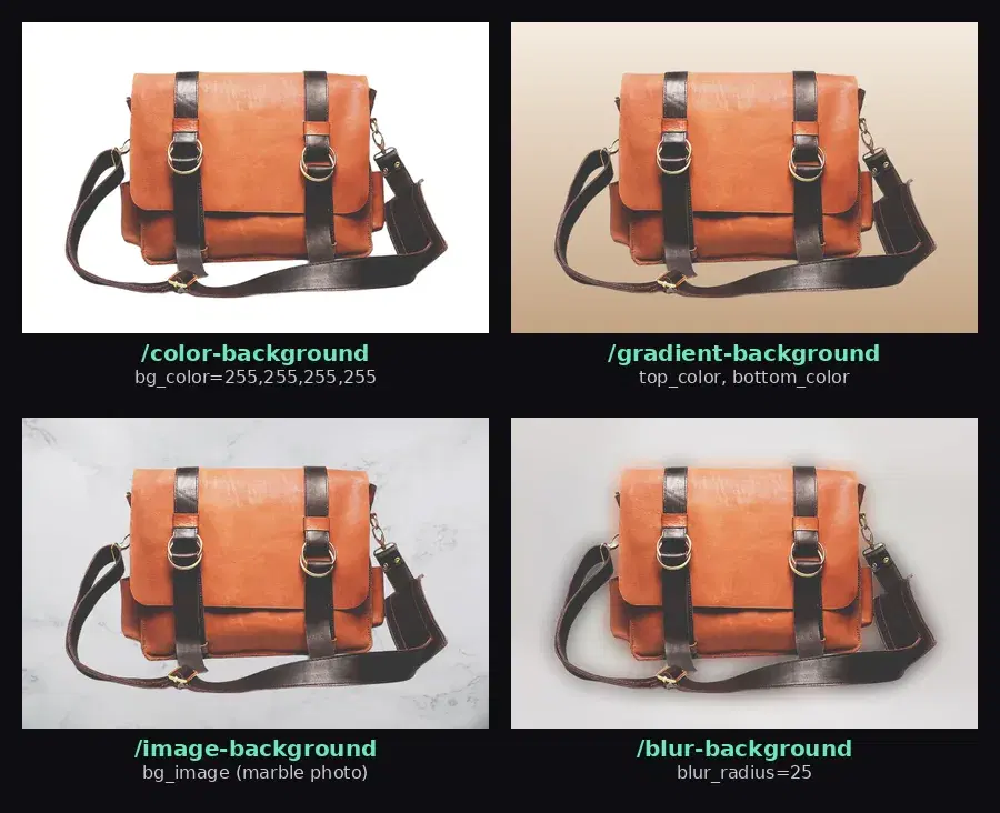 The same leather bag on a white background, a beige gradient, a marble photo and a blurred version of its original background, each from one API call