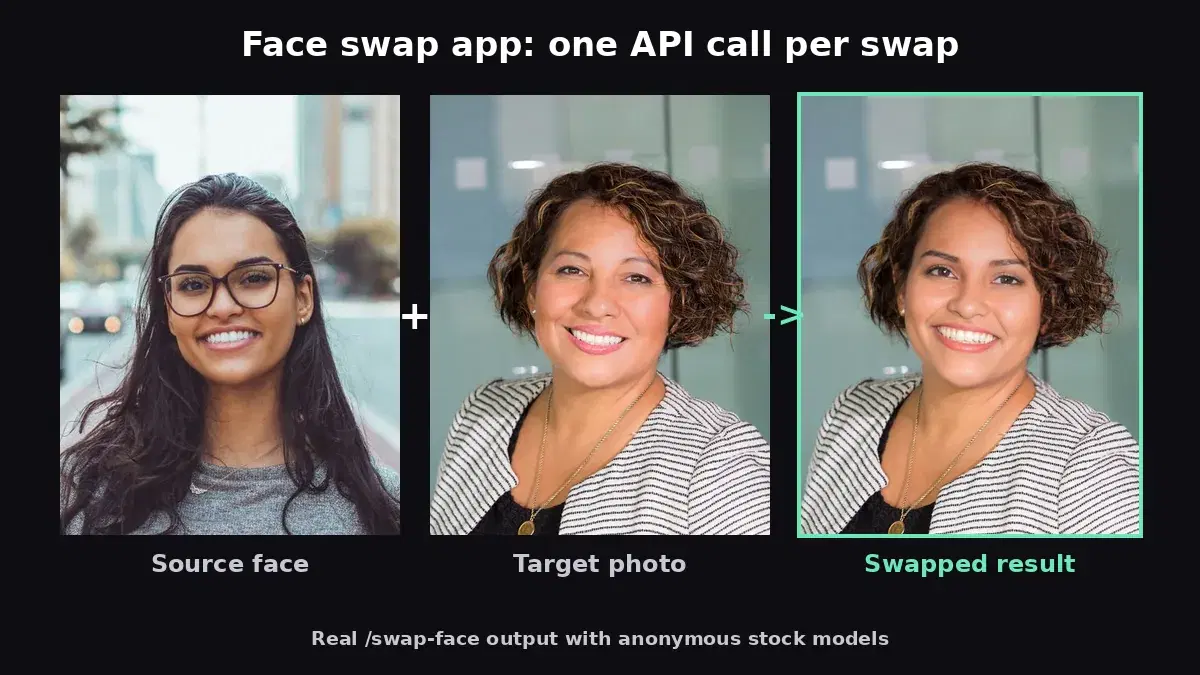 Face swap app demo: the face of a young woman with glasses placed onto a photo of a curly-haired woman with one API call