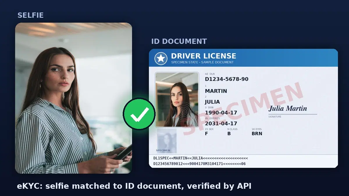 An eKYC flow: a selfie and a scanned ID document with extracted fields, matched by the API with a green verified result