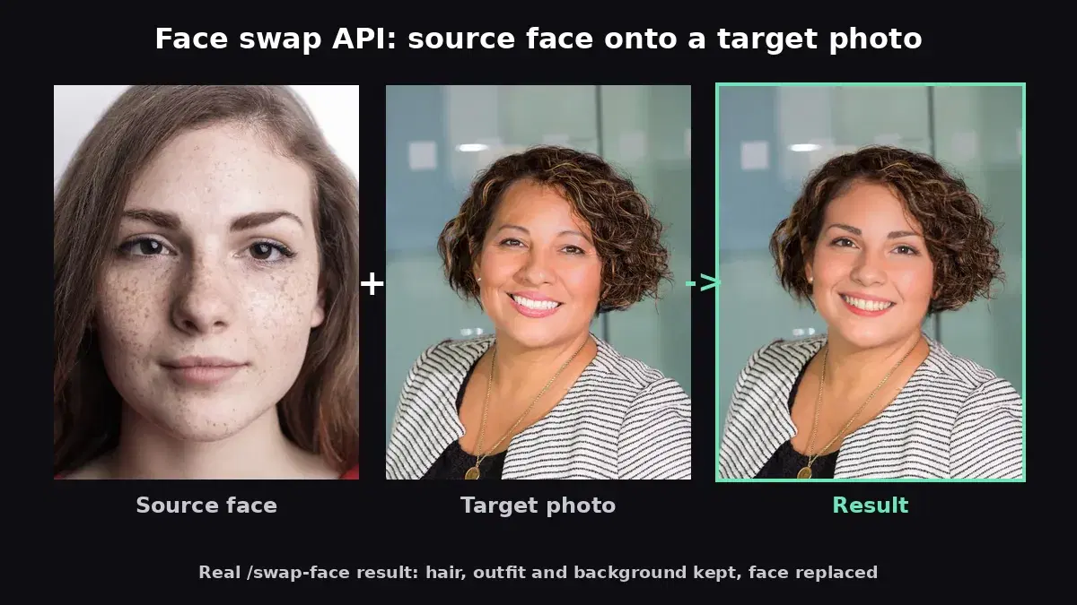 Face swap API result: the face of a freckled woman placed onto a photo of a curly-haired woman, keeping her hair, outfit and background