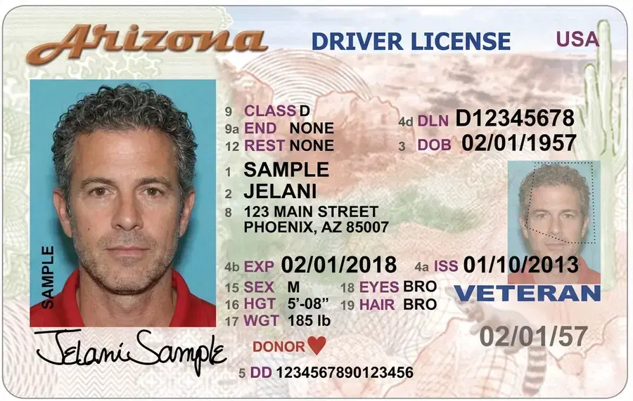 Arizona driver license specimen with numbered fields used for OCR testing