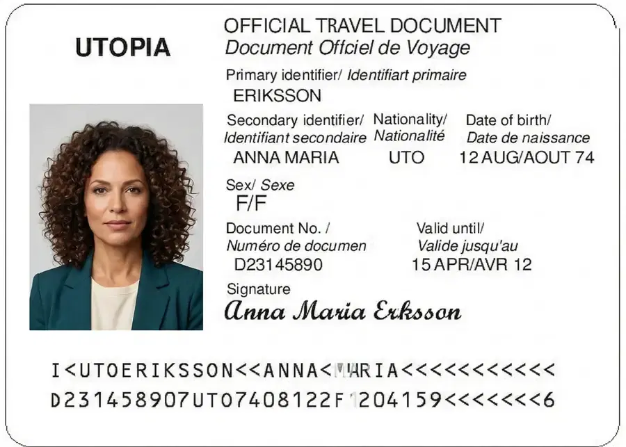 International travel document specimen with bilingual labels and MRZ zone