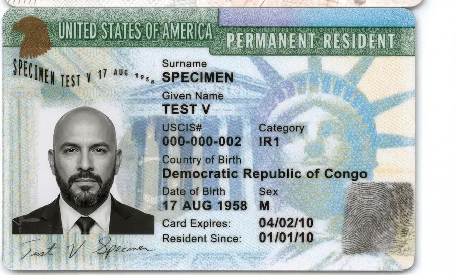 US permanent resident card specimen (green card) used for OCR data extraction