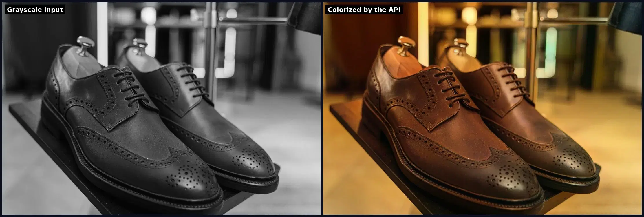 A grayscale product photo on the left and the same photo colorized by the API on the right, with natural brown leather tones and a warm background