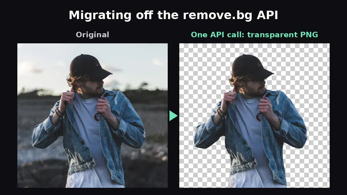 Portrait photo on an outdoor background next to the same person cut out on a transparent background by one API call