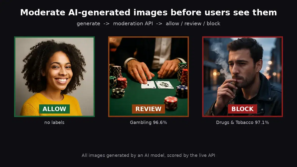 Three AI-generated images scored by a moderation API: a portrait allowed, a poker table sent to review, a man smoking blocked
