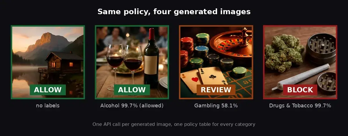 Four AI-generated images moderated with the same policy: a lake cabin and a wine dinner allowed, an illustrated casino sent to review, a joint and cannabis buds blocked