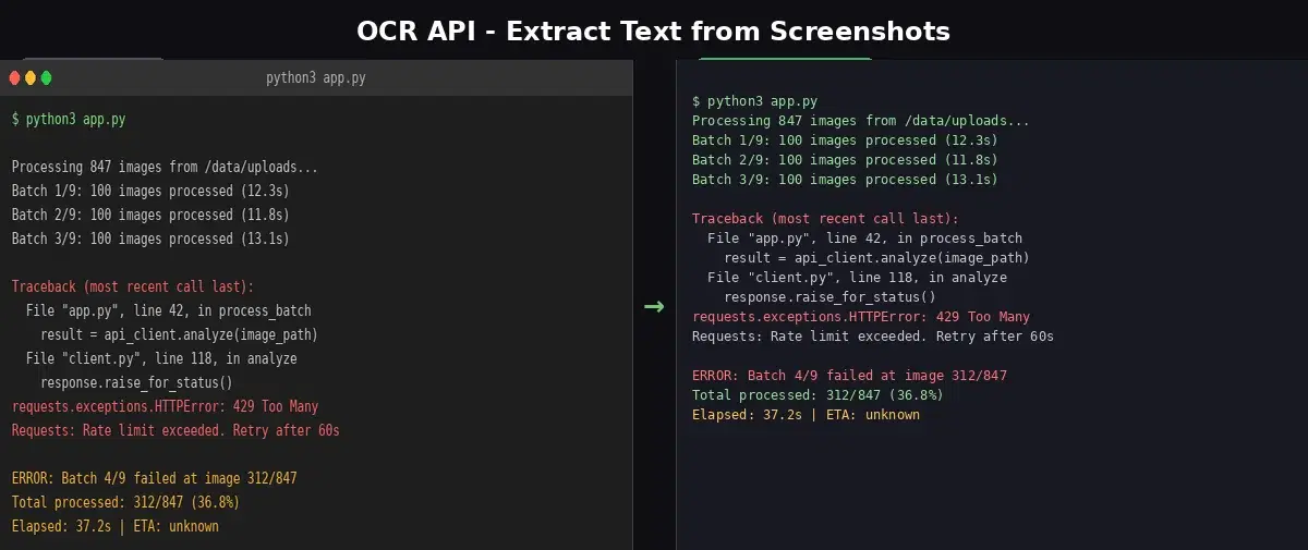 OCR API demo showing a terminal error screenshot on the left and the extracted text output on the right