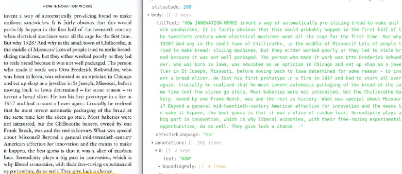 OCR API output showing extracted text from handwritten note