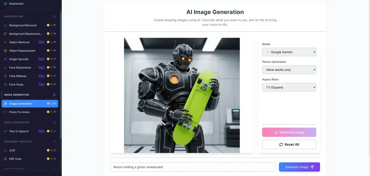 AI SaaS dashboard showing image generation feature with sidebar listing all AI tools and credit costs