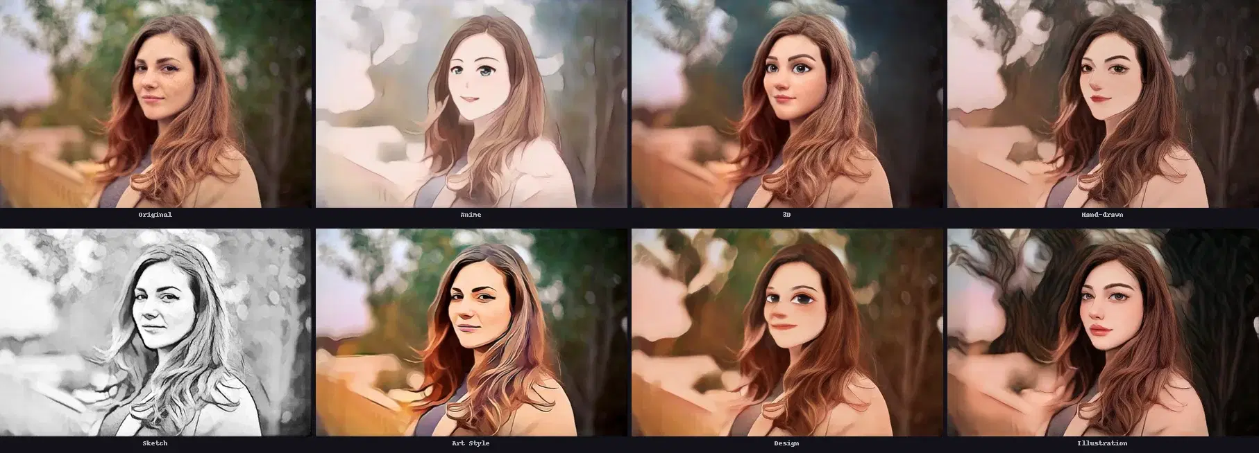 Photo to anime API output showing original portrait transformed into seven cartoon styles: anime, 3D, hand-drawn, sketch, art style, design, and illustration