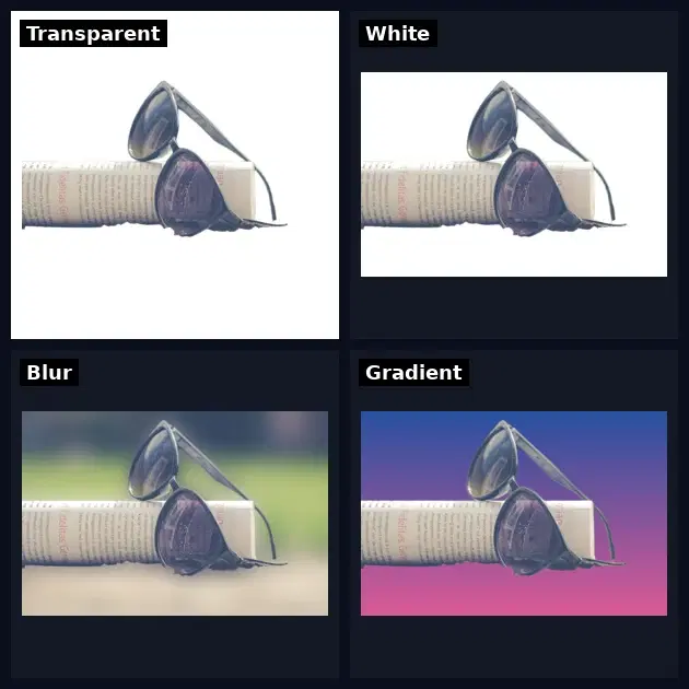 The same product run through all four endpoints: transparent PNG, solid white, blurred background, and gradient background