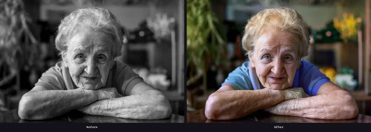 Before and after AI photo restoration showing original black and white photo on the left and colorized face-enhanced version on the right