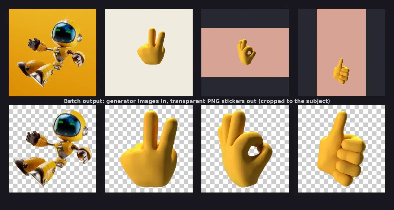 Four 3D renders on solid backgrounds (a robot and three hand emoji) and the four transparent PNG stickers produced by the batch script