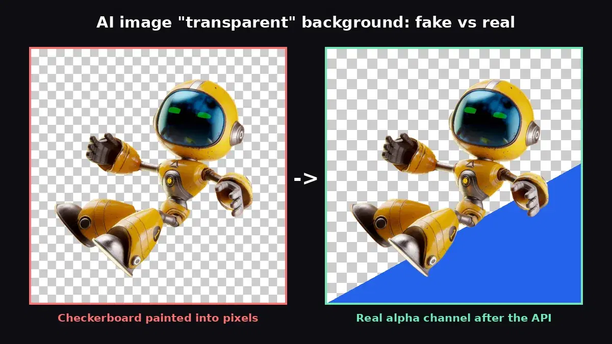 A 3D robot on a painted grey and white checkerboard on the left, and the same robot as a real transparent PNG over a half checkerboard, half blue background on the right