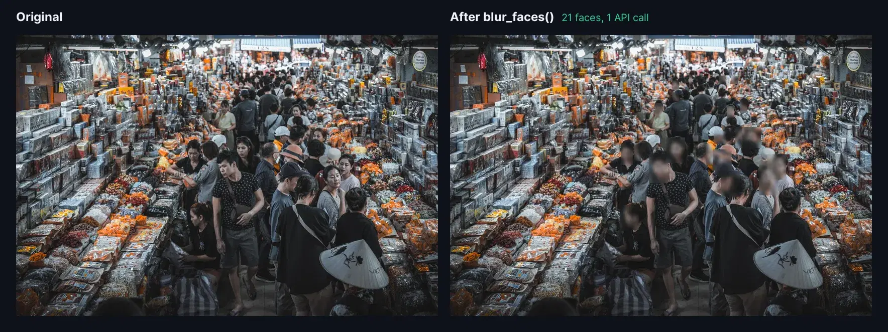 A crowded covered market before and after automatic face blurring: 21 faces pixelated by one face detection API call and Pillow