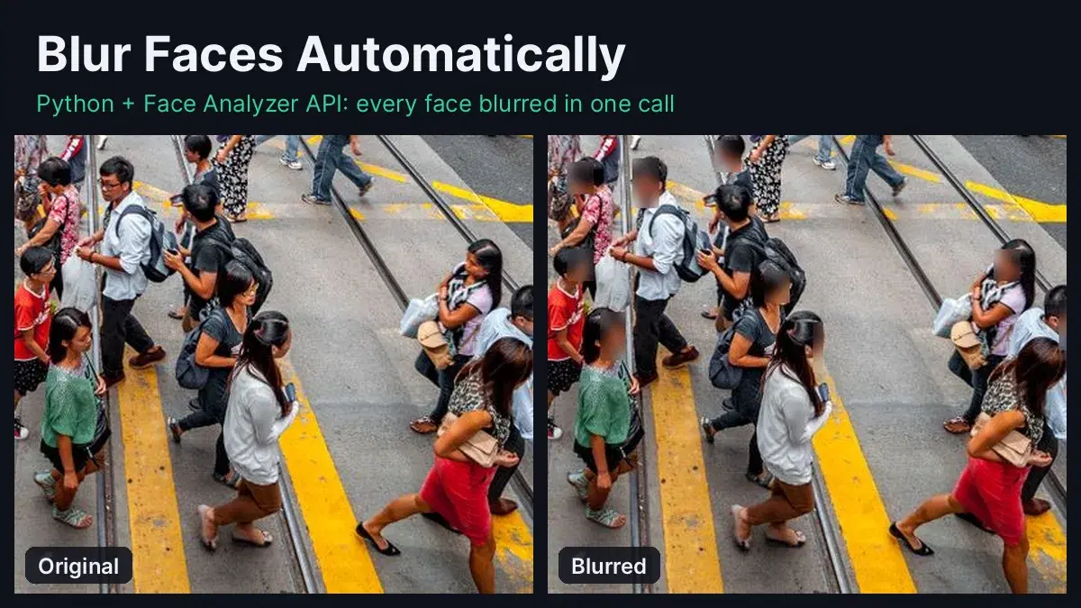 A busy pedestrian crossing shown twice side by side: the original on the left and the same crowd with every face pixelated on the right