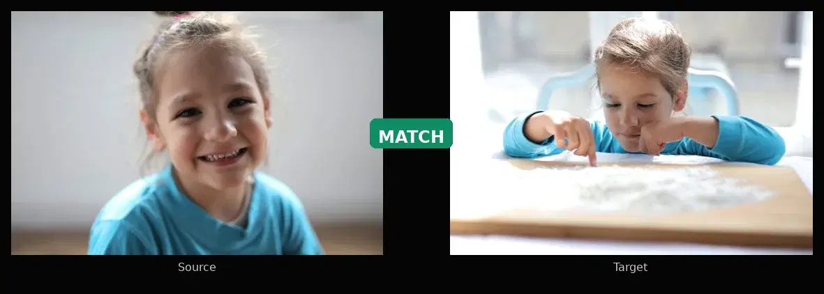 Two different photos of the same person compared with face matching API showing MATCH result