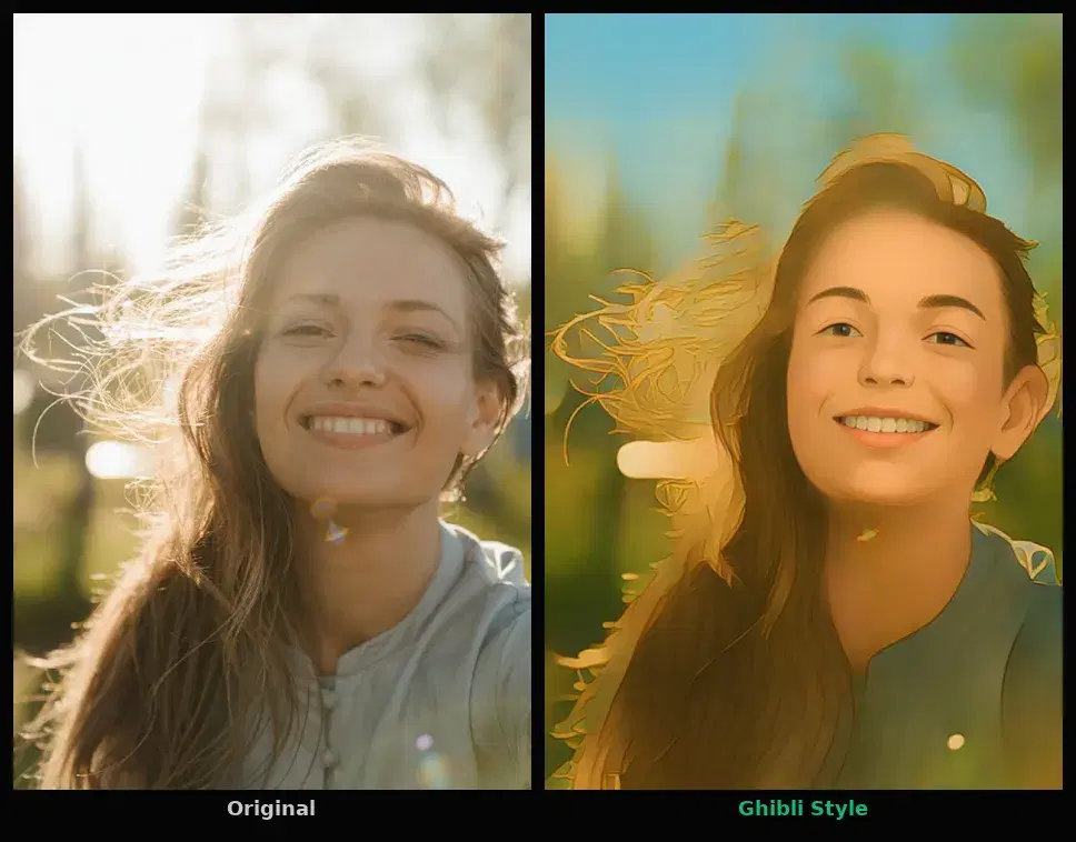 Before and after comparison of a portrait photo transformed into Studio Ghibli anime art style using Python API