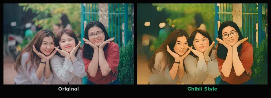 Before and after: landscape photo on the left, Ghibli-style art version on the right