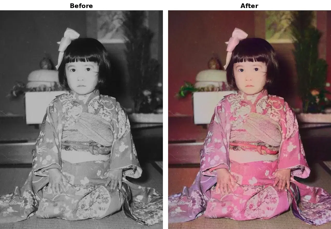 Image colorization demo showing a black-and-white photo transformed into a full-color image