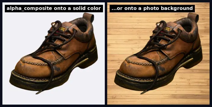 The same product cutout composited onto a solid color background and onto a wooden table scene with alpha_composite