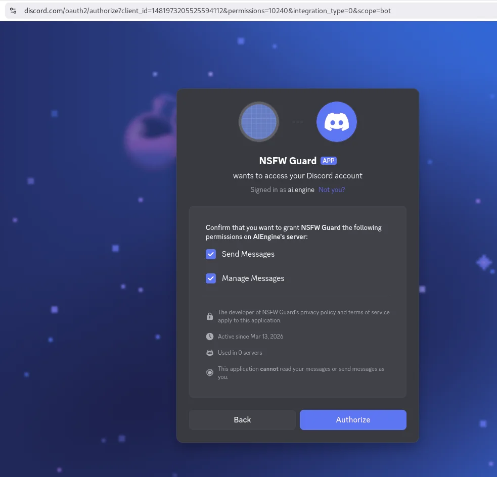 Discord authorization page — NSFW Guard bot requesting Send Messages and Manage Messages permissions