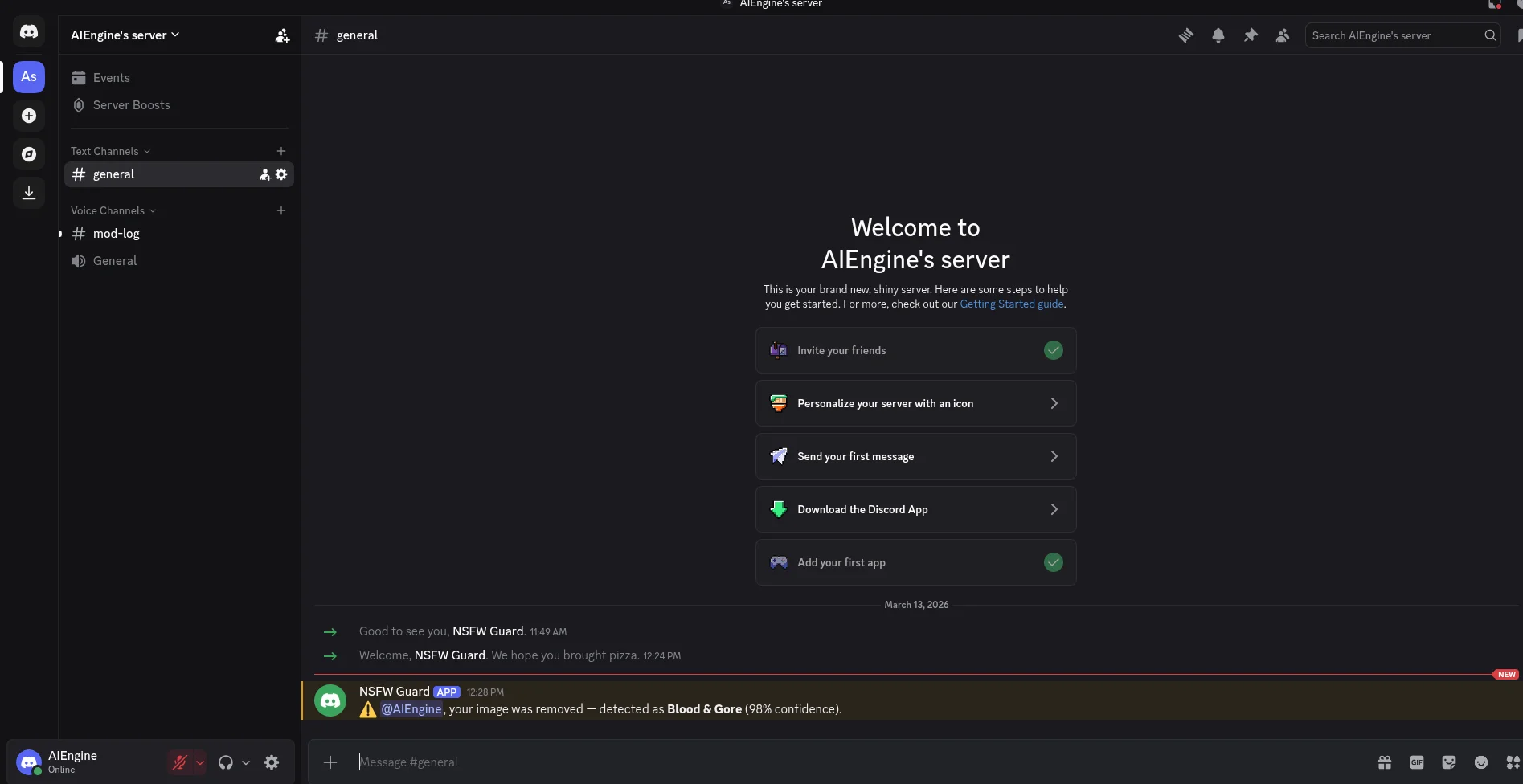 Discord channel showing the NSFW moderation bot warning after removing a flagged image