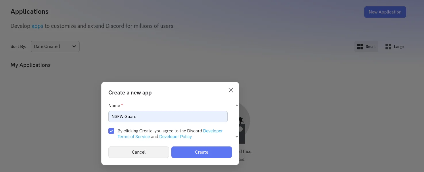 Discord Developer Portal — Create a new application dialog with the name NSFW Guard