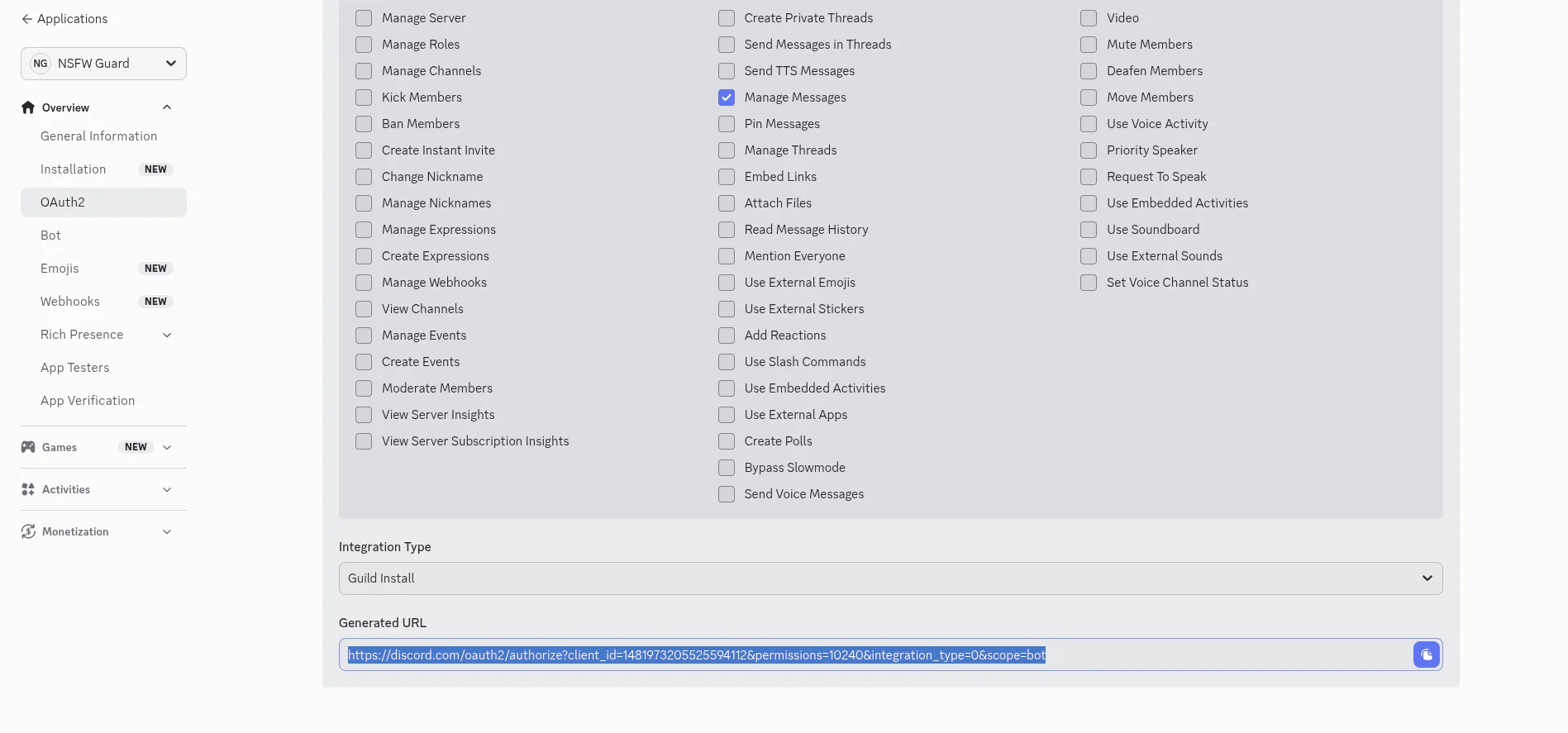 Discord OAuth2 URL Generator — generated invite URL at the bottom of the page