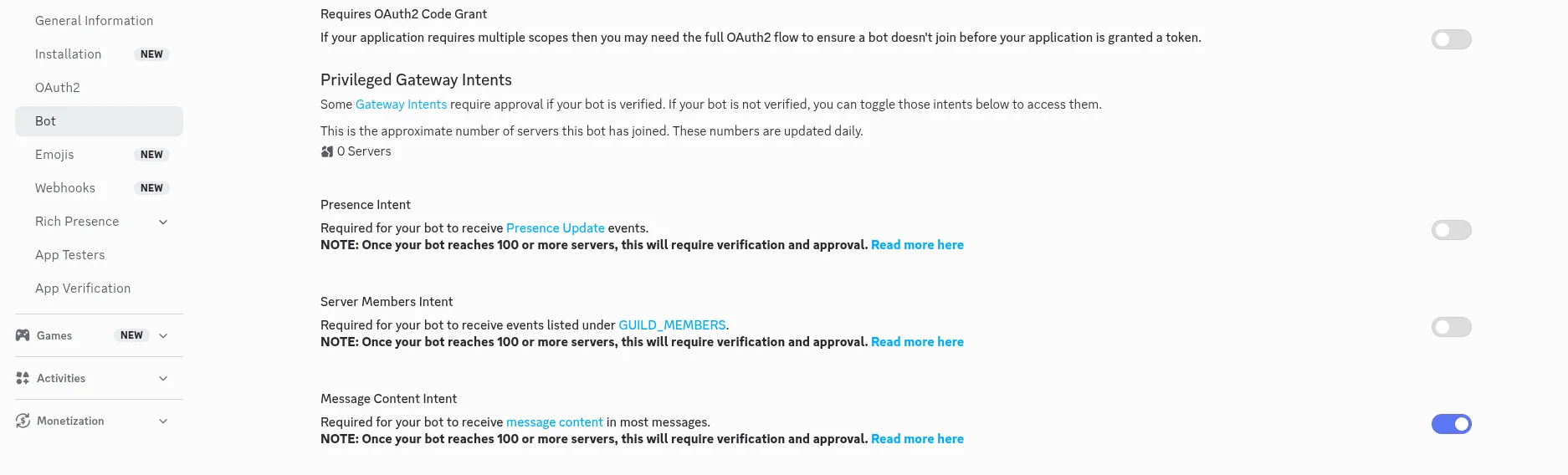 Discord Developer Portal — Privileged Gateway Intents with Message Content Intent enabled