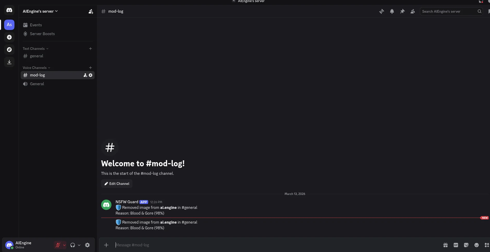 Discord mod-log channel showing bot moderation entries with user name, channel, and detected category