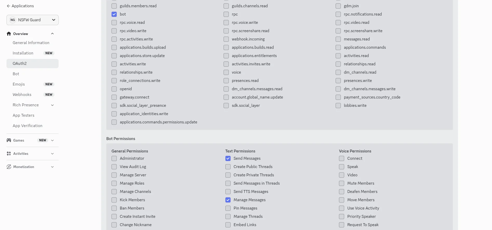 Discord Bot Permissions — Send Messages and Manage Messages checked