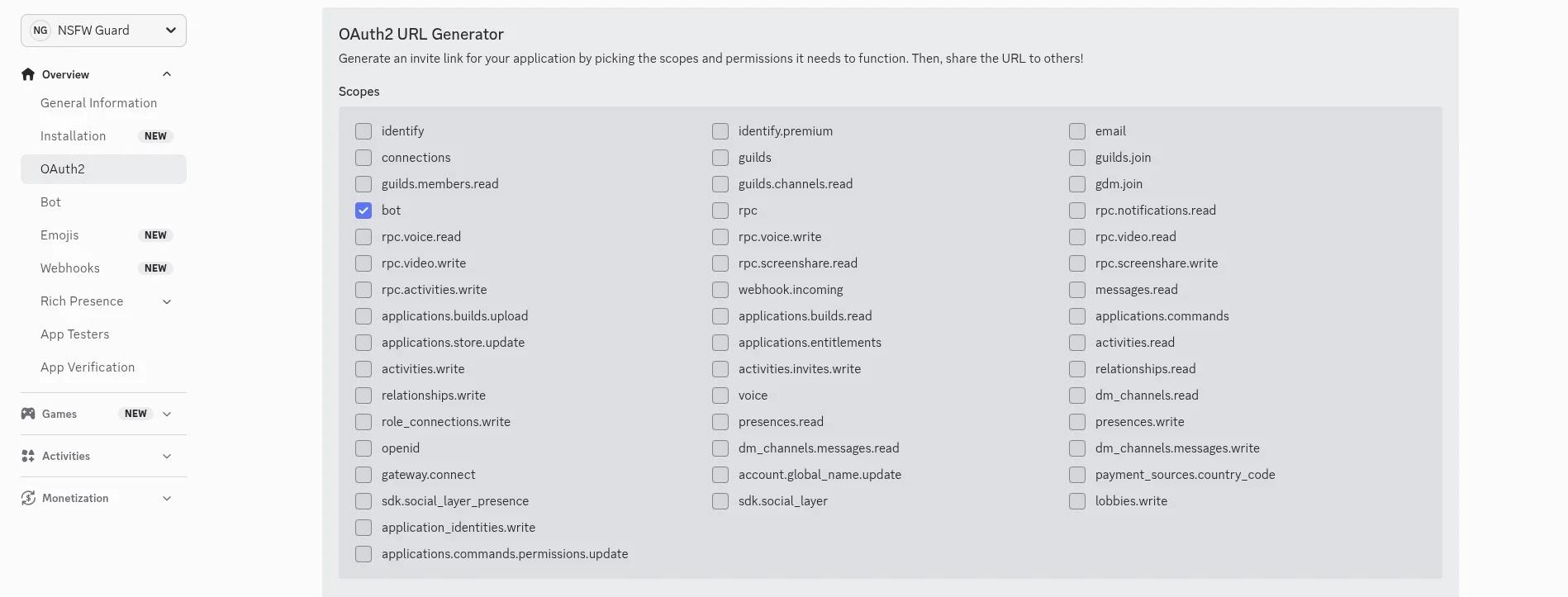 Discord OAuth2 URL Generator — bot scope selected
