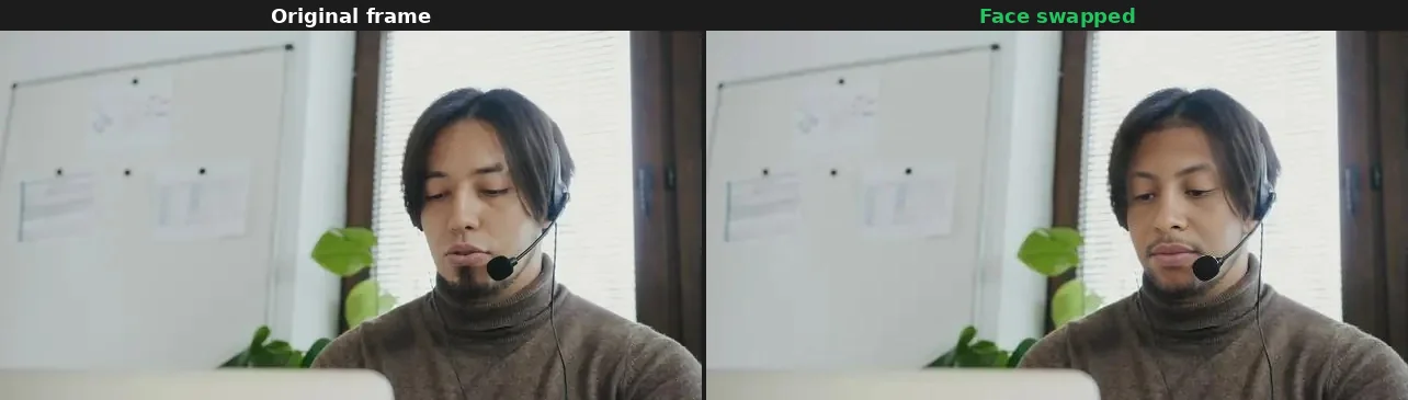 Side-by-side comparison: original video frames on the left, face-swapped frames on the right